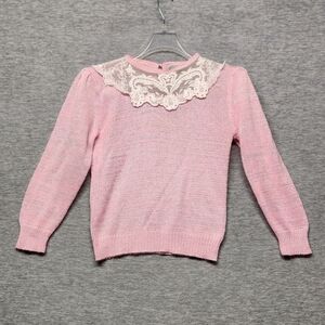 Vintage 80s pink knit swester floral lace Cottagecore Fairycore womens s preppy